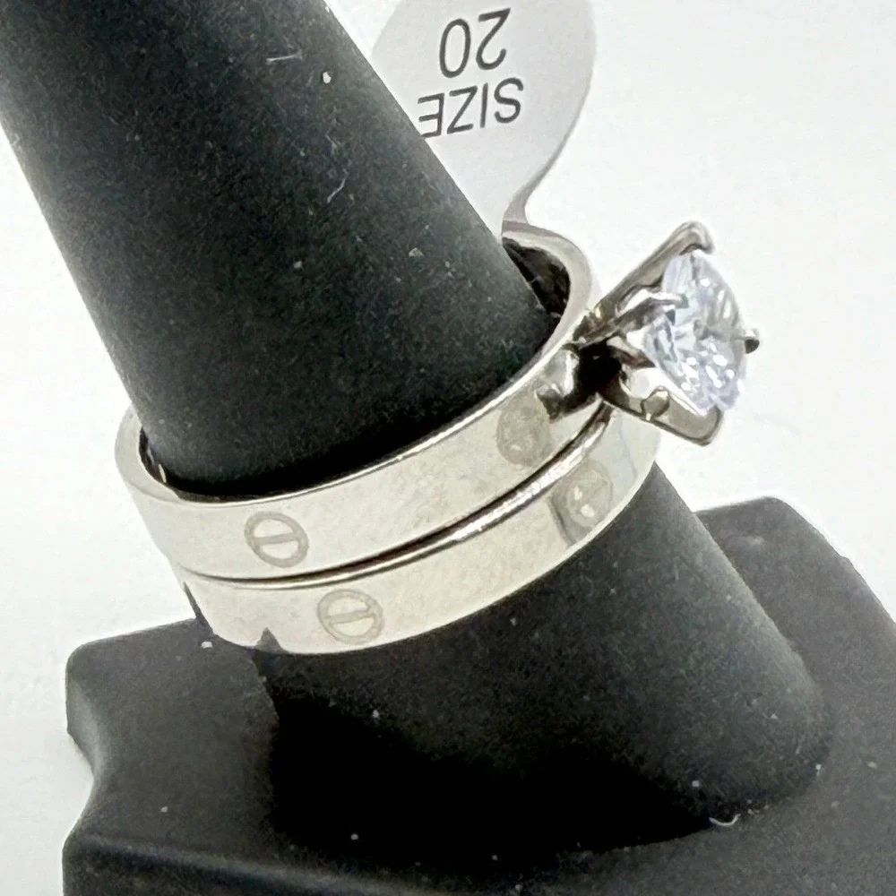 Silver Tone Stainless Steel Wedding Ring Set Size 10 CZ Solitaire‎
